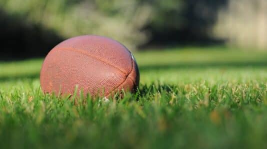 American football ball in the grass