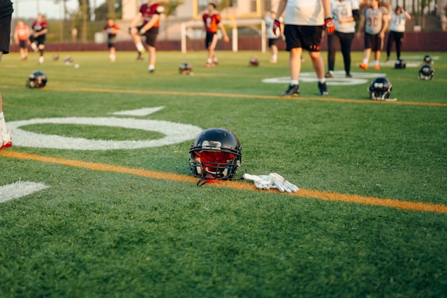 football helmets on the field