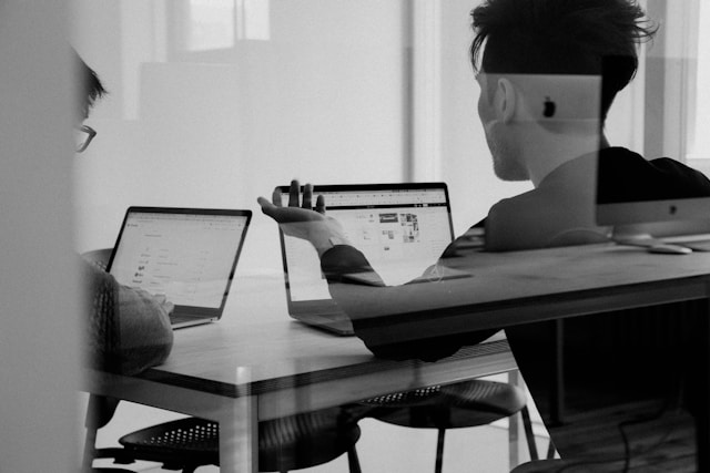 a meeting using laptop