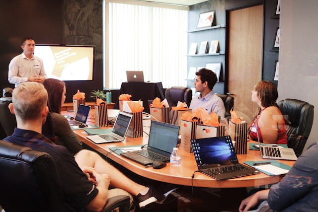 a group of people having a meeting