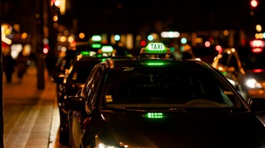 a taxi queue at night